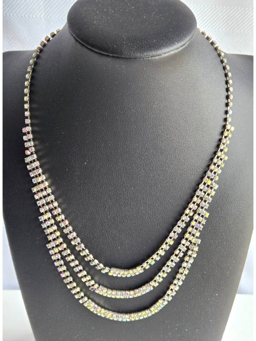 Aurora Borealis Crystal 3-Double Strand Drop Necklace Choker 16" Extender 2"